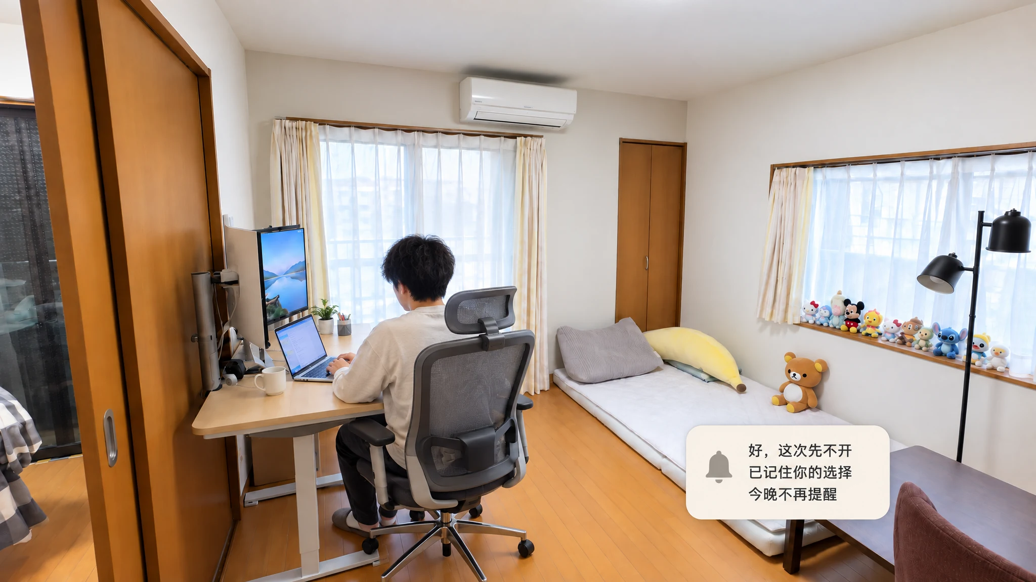 智能管家愿景：人在明亮房间里专心工作，管家记住这次不开空调的选择，并表示今晚不再提醒