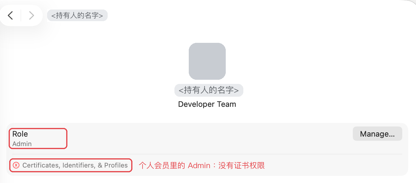 Xcode 设置里的 Apple Accounts 页面：团队角色是 Admin，证书、标识符和描述文件一项是红色叉号